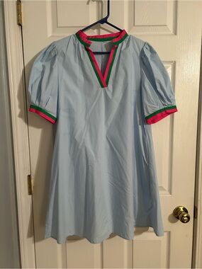 Light Blue Mini Dress with Pink & Green Trim